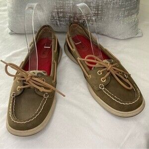Sperry Top Sider Leather Tan Brown Boat Shoe with Animal Print Accent Size 8.5M